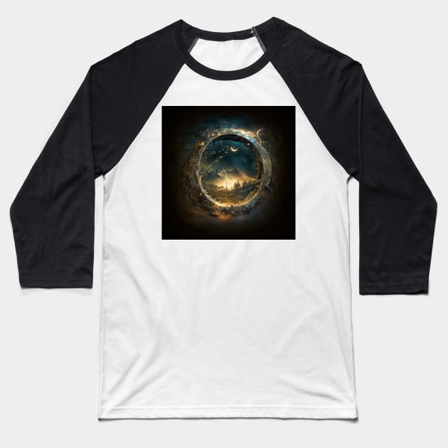 One Ring Portal View of Mountains and Forest Under A Night Sky Baseball T-Shirt by entwithanaxe